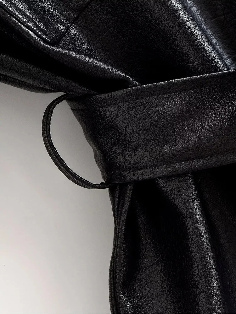 AACHOAE Women PU Leather Jacket Belted Waist Coat Stand Collar Button Front Long Sleeve Casual Vintage Faux Leather Outerwear