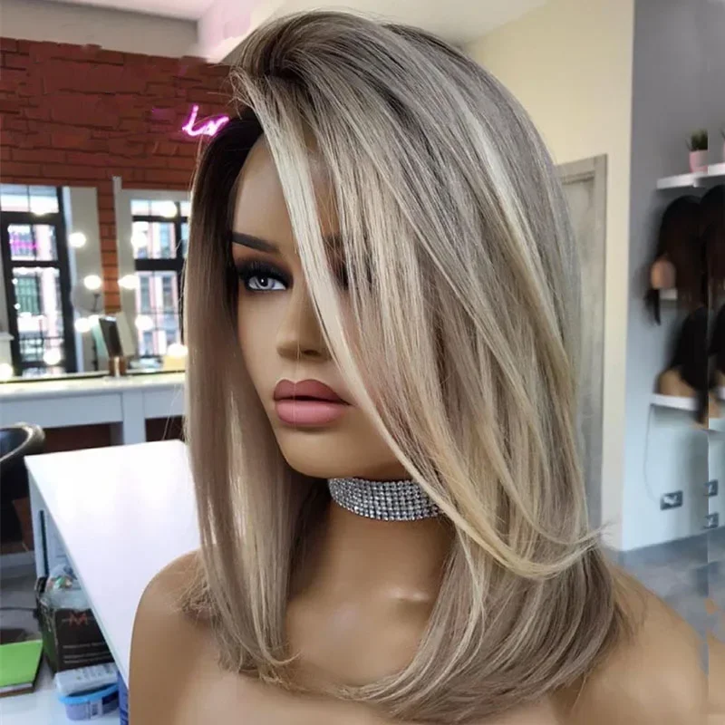 Zachte Preplucked Korte Bob Lijmloze 180 Dichtheid Zijde Rechte Hoogtepunt Blonde Kant Voorpruik Babyhaar Hittebestendig