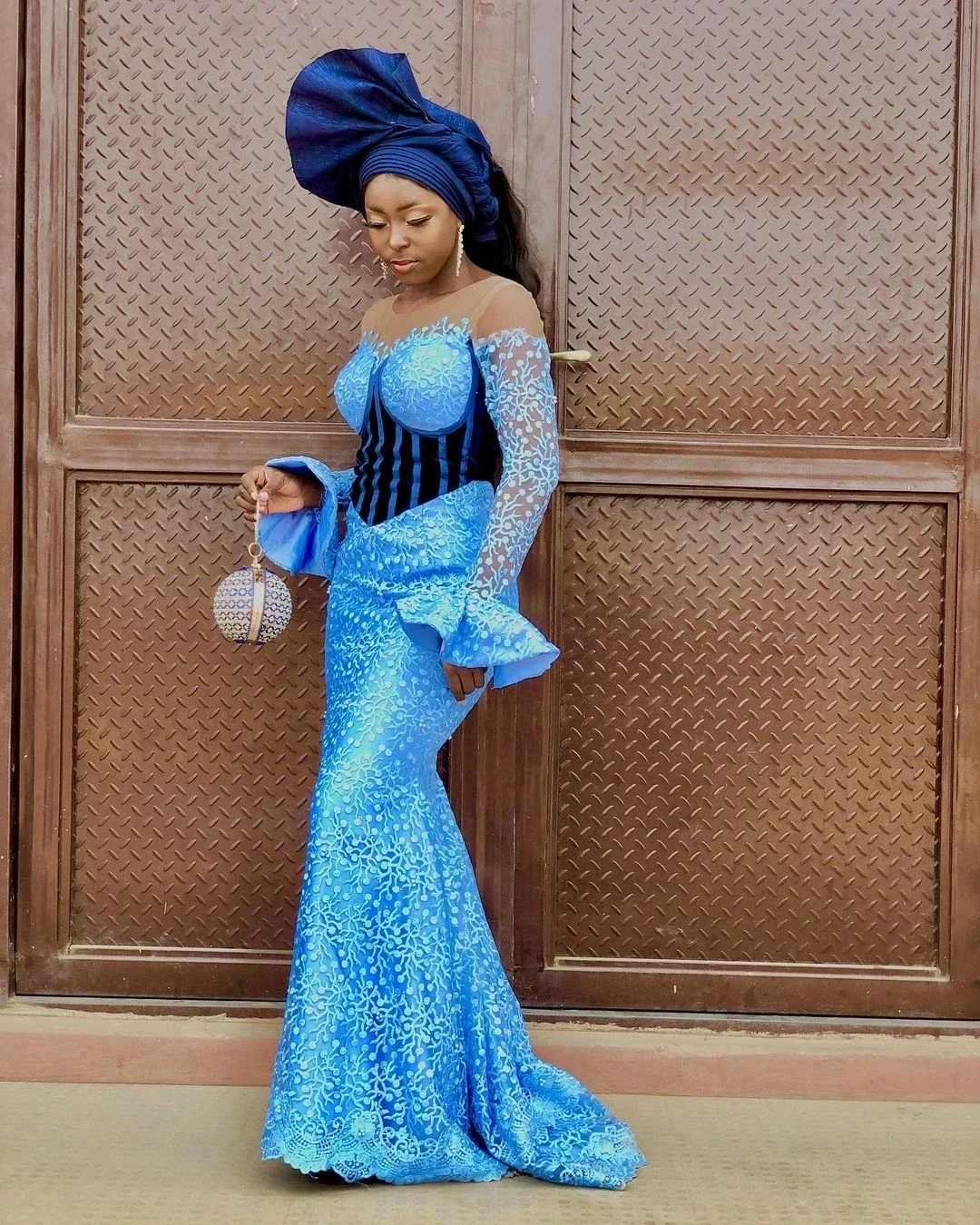 Mermaid African Women Formal Party Dress Illusion Neck Asoebi Style Wedding Guest Gowns Stunning Blue Lace Nigerian Prom Dresses