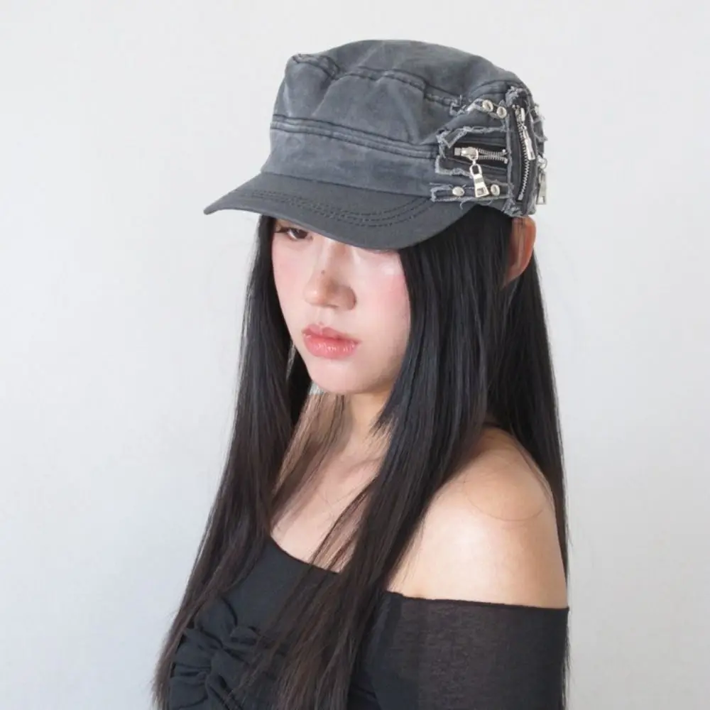 Personality Cloth Rivet Denim Beret Zippers Washed Cotton Metal Rivet Flat Top Hat Korean Style Y2k Newsboy Cap Travel