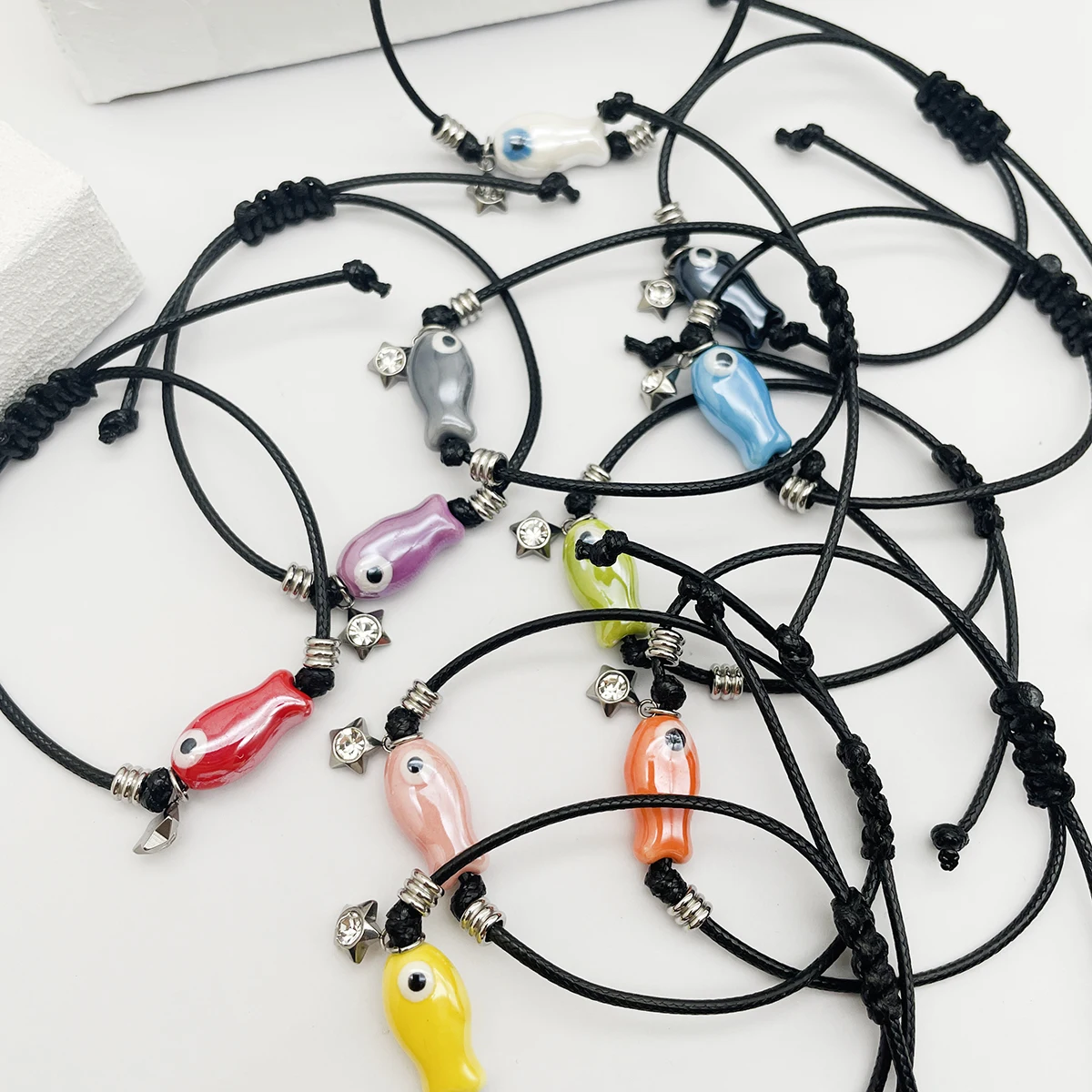 OMY Fashion Handmade Ceramic Fish Steel Star Adjustable Rope Woven Women Bracelets For Holiday Wholesale Girls Bracelets