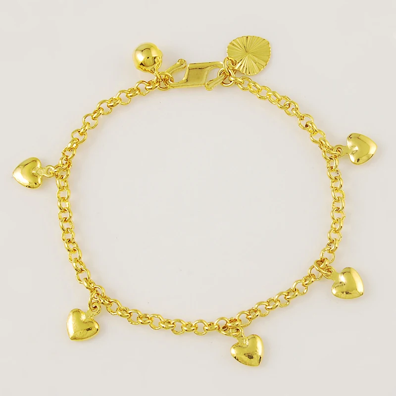 

24K Gold 3MM 7 Inch Classic Chain with Heart Pendant Charm Bracelet For Women or Men Wedding Engagement Gift