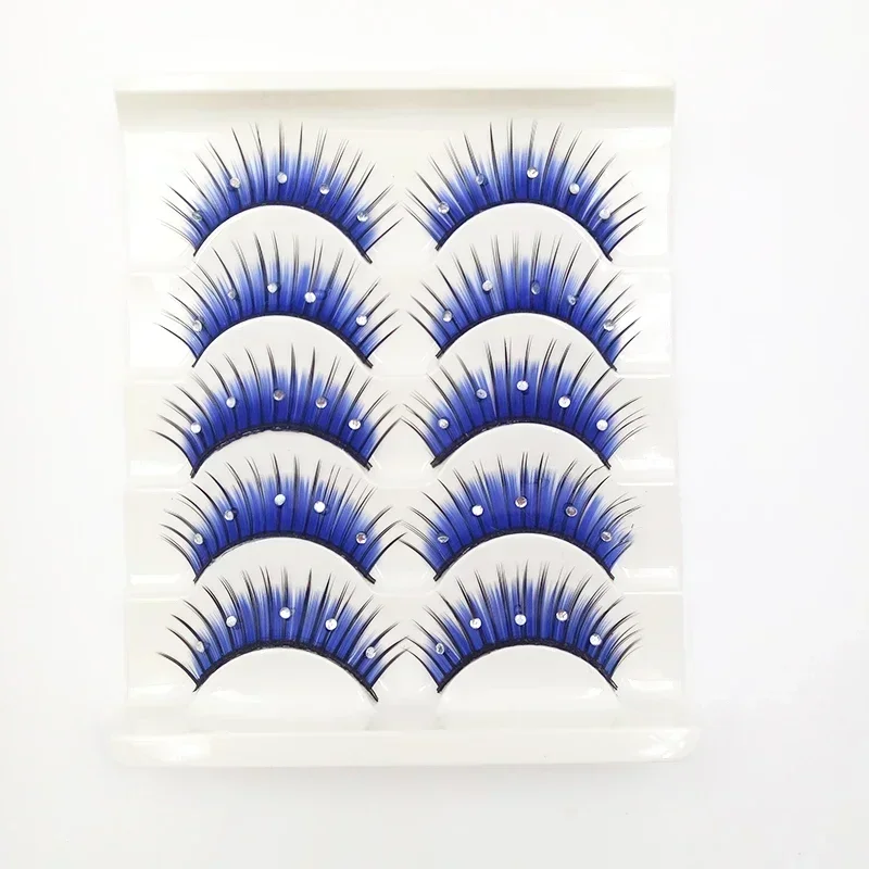 5 Pair 3D Rhinestone False Eyelashes Long Thick Lashes Extension Eyelash Party Bar Halloween Supplies Eye Makeup Blue