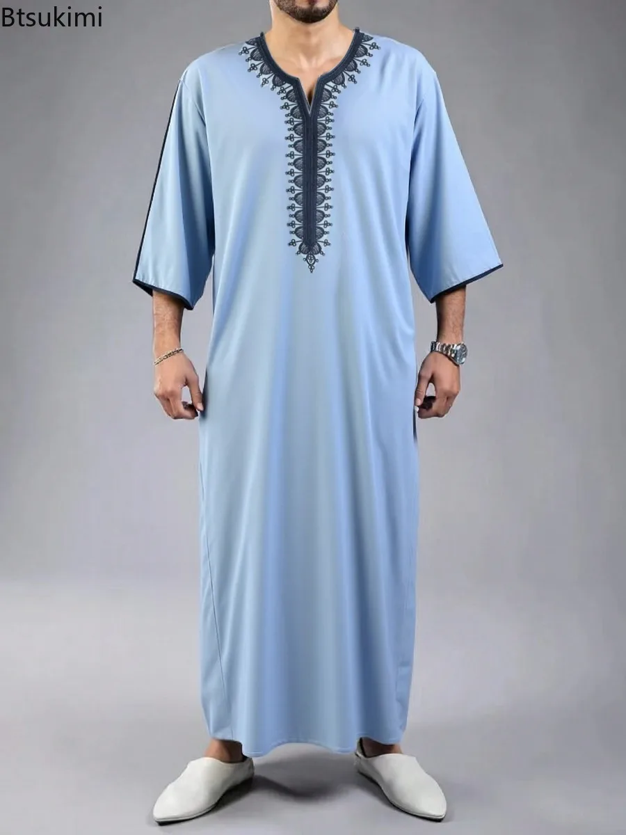 2025 Men's Traditional Muslim Clothing Eid Middle East Jubba Thobe Men Thobe Arab Muslim Robes with Short Sleeves Husband Gift