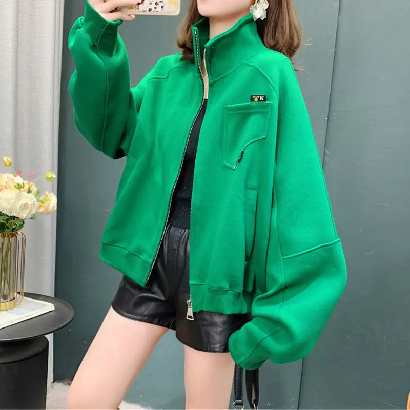 Jaket kerah berdiri kasual wanita mode saku musim semi ritsleting jaket bisbol dasar pakaian luar Streetwear U524