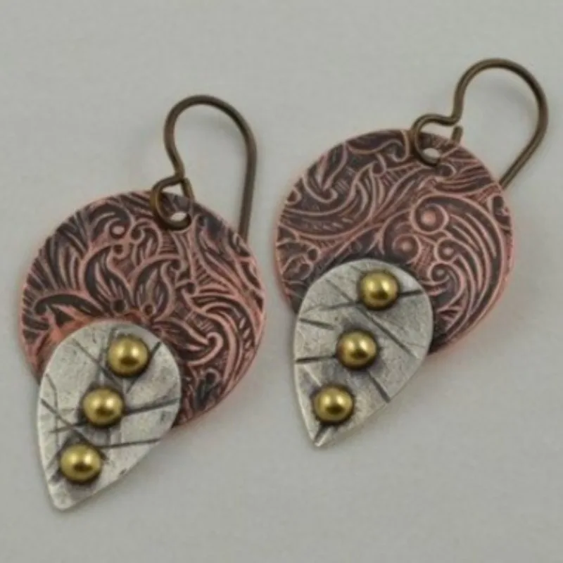 Vintage Hand Carved Geometry Pattern Dangle Women's Earrings Two Color Metal Daily Wear Party Jewelry Anniversary Gift