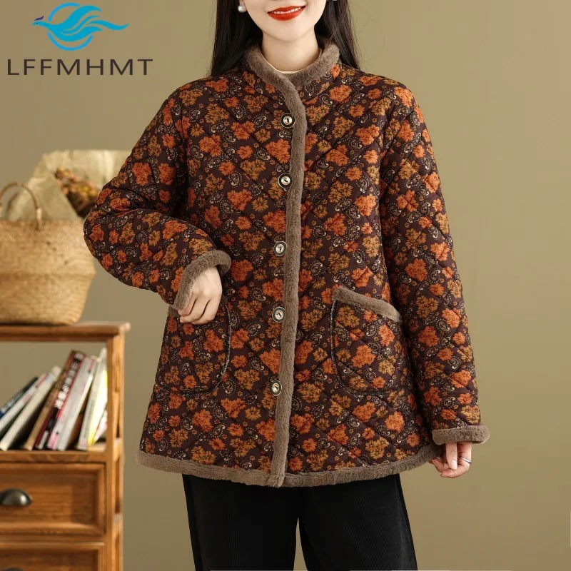 

Floral Print Cotton Padded Coats for Women Winter Fashion Long Sleeve Fleece Patchwork Warm Thicken Parkas Female Vintage Tops
