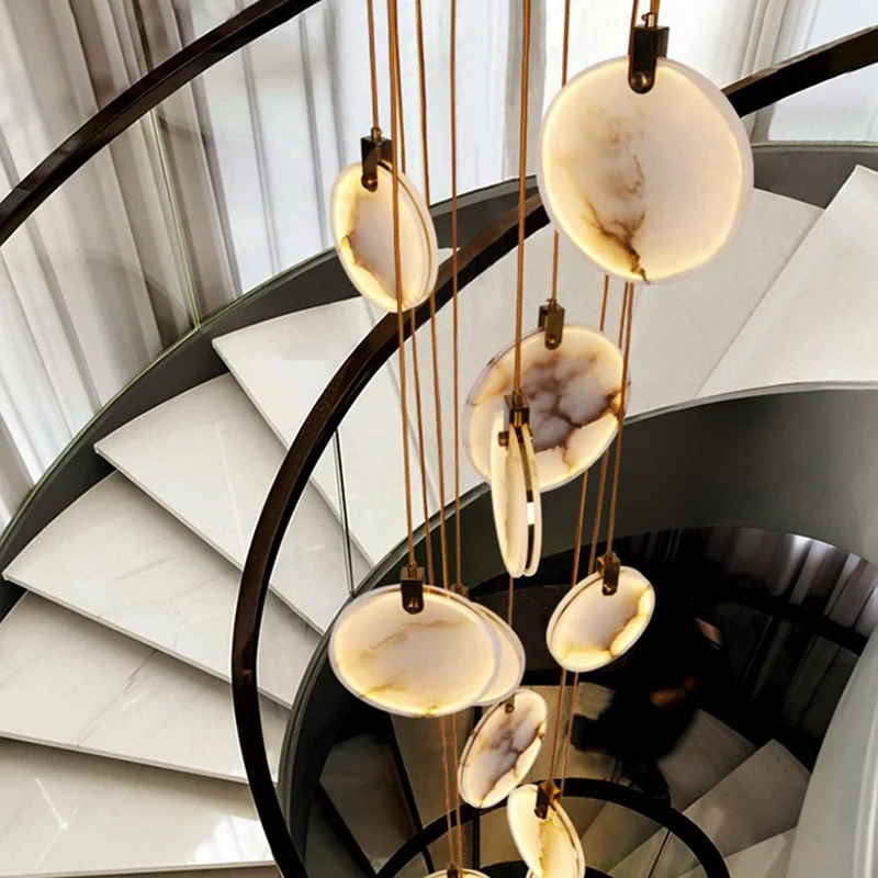 Stair Lights Long Pendant Lights Modern Nordic Light Luxury Imitation Marble Villa Rotating Creative Lighting Fixtures