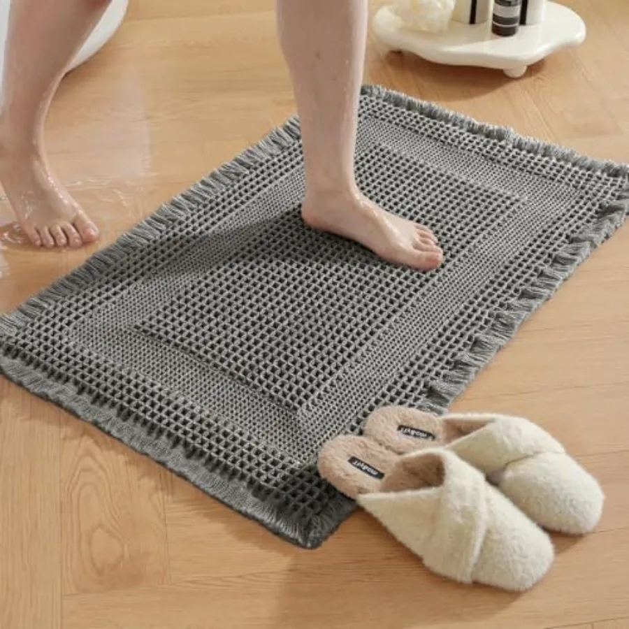 

Waffle Bath Mat - Super Water Absorbing Bath Mat Quick Dry Bathroom Rugs Non Slip Washable with Tassels Rubber Backed Bathroom