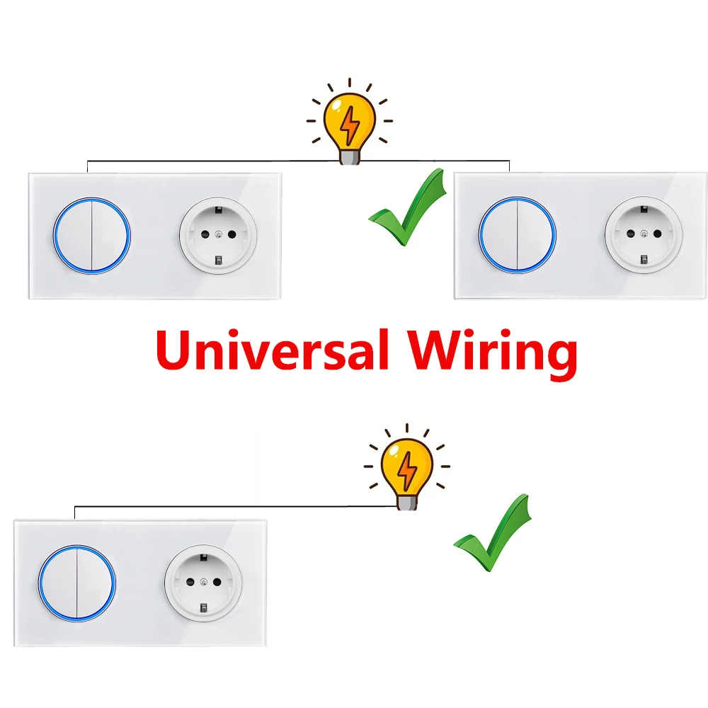 White Glass Wall Light Switch EU Plug Wall Socket, 2 Way Control, Circle Round Button LED Night Light