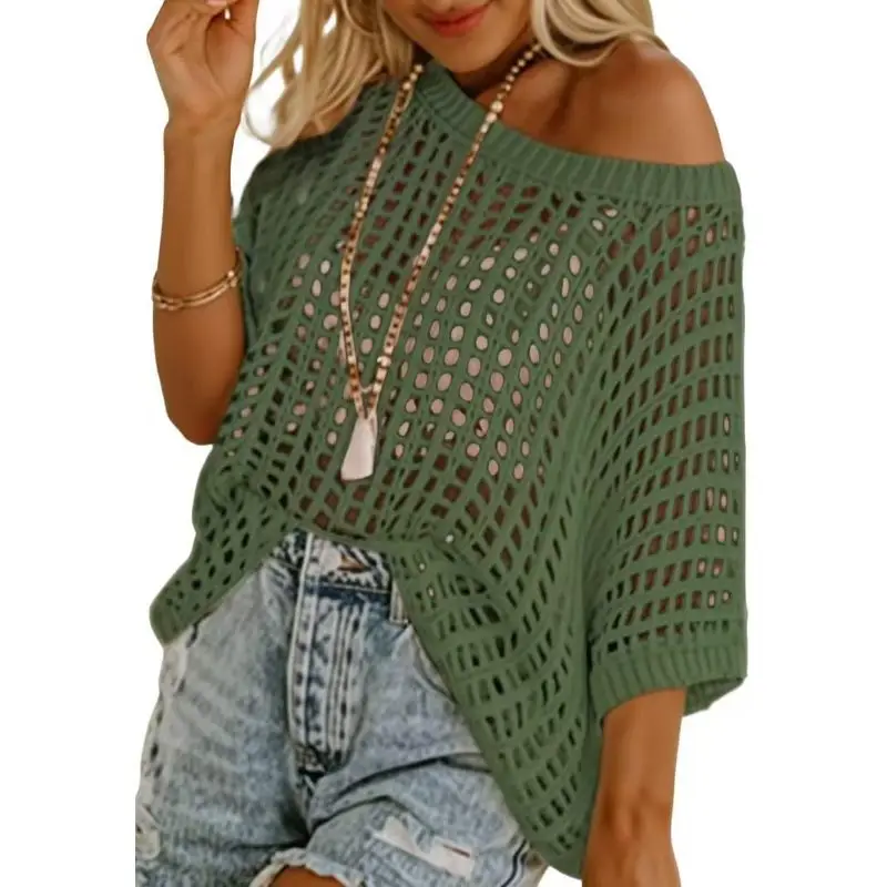 Womens Short Sleeve Tops Summer Casual Beach Cover Ups Scoop Neck Sweater Hollow Out Shirts Trendy Crochet Outfits