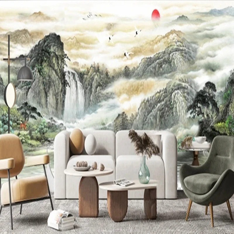 Chinese Style Home Decor Wallpaper Mountain Waterfall Landscape Sunset Decorative Wall Arts Prints for Living Room Office