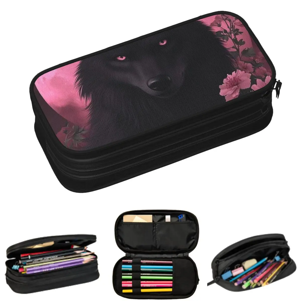 

Wolf Roses And Moonlight Design Pencil Cases for Students School Pen Box Pencil Bag Large Storage Pencil Pouch