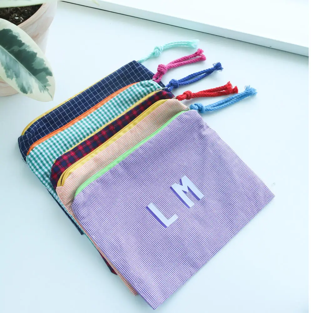 Personalized Dual Initial Plaid Grid Makeup Bag Color Cord Zipper Cosmetic Pouch Custom Monogram Travel Stationery Bag