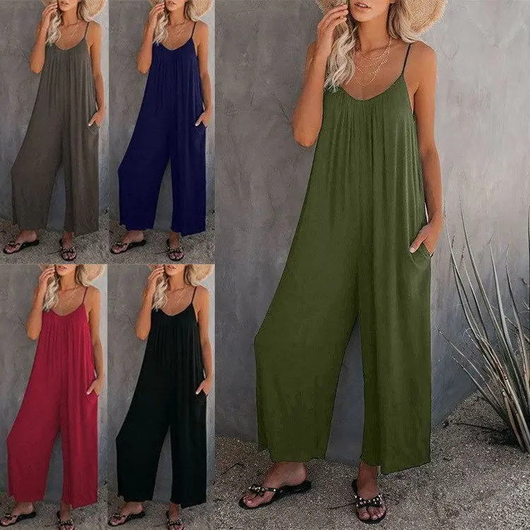 

New Women's Pure Color Strapl Loose Fitting Cargo Jumpsuit Casual Summer Long Pants Cross-Border Faionable Commute