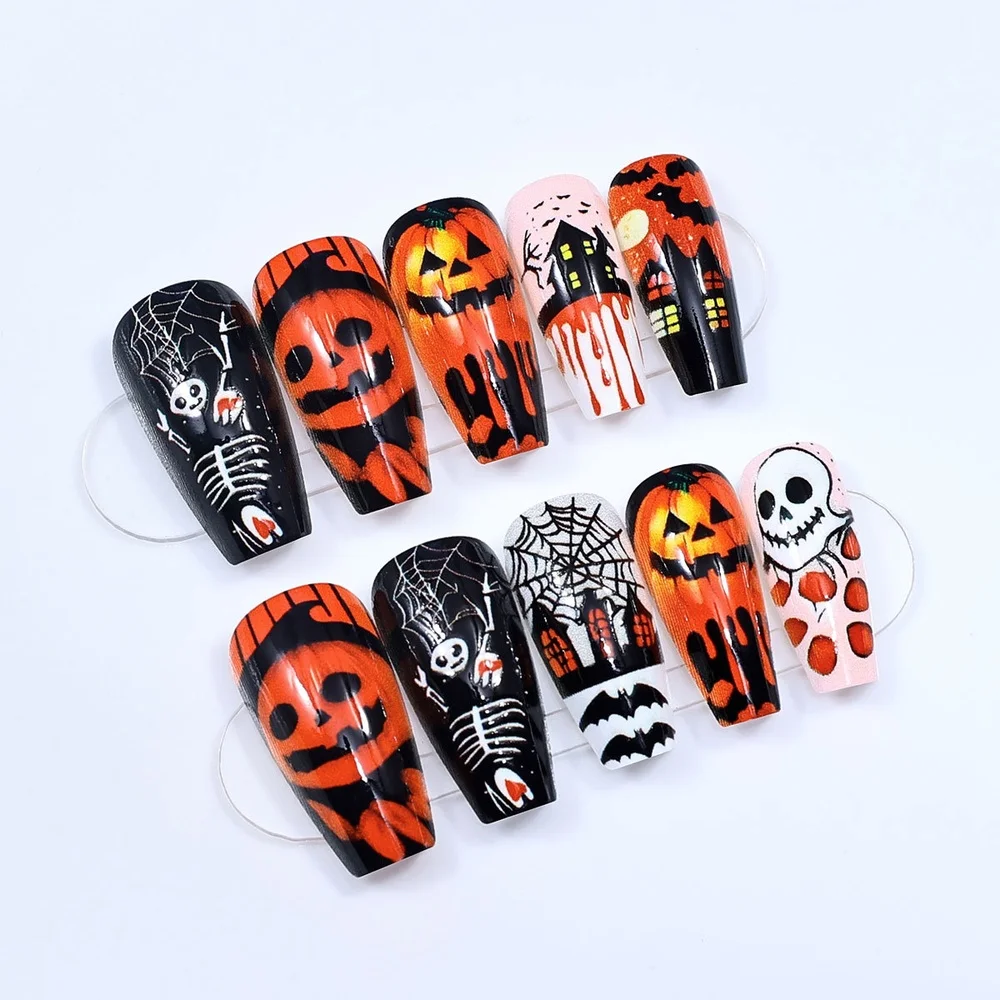 

Halloween Wearable Nail Press on Nails Jelly Glue Pumpkin Spider Web Black Cat Fake Nail Dark Cool Style 24 Pieces