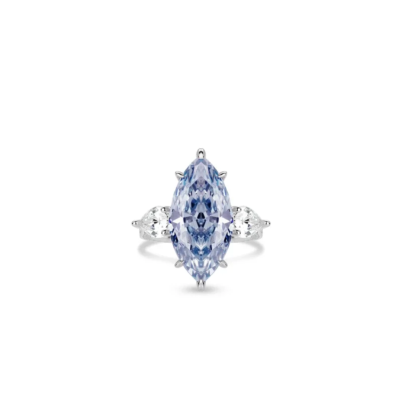Bellux 925 Silver Synthetic Zircon Jewelry Design Light Blue Marquise Shaped Main Stone 12 Carat Fine Ring