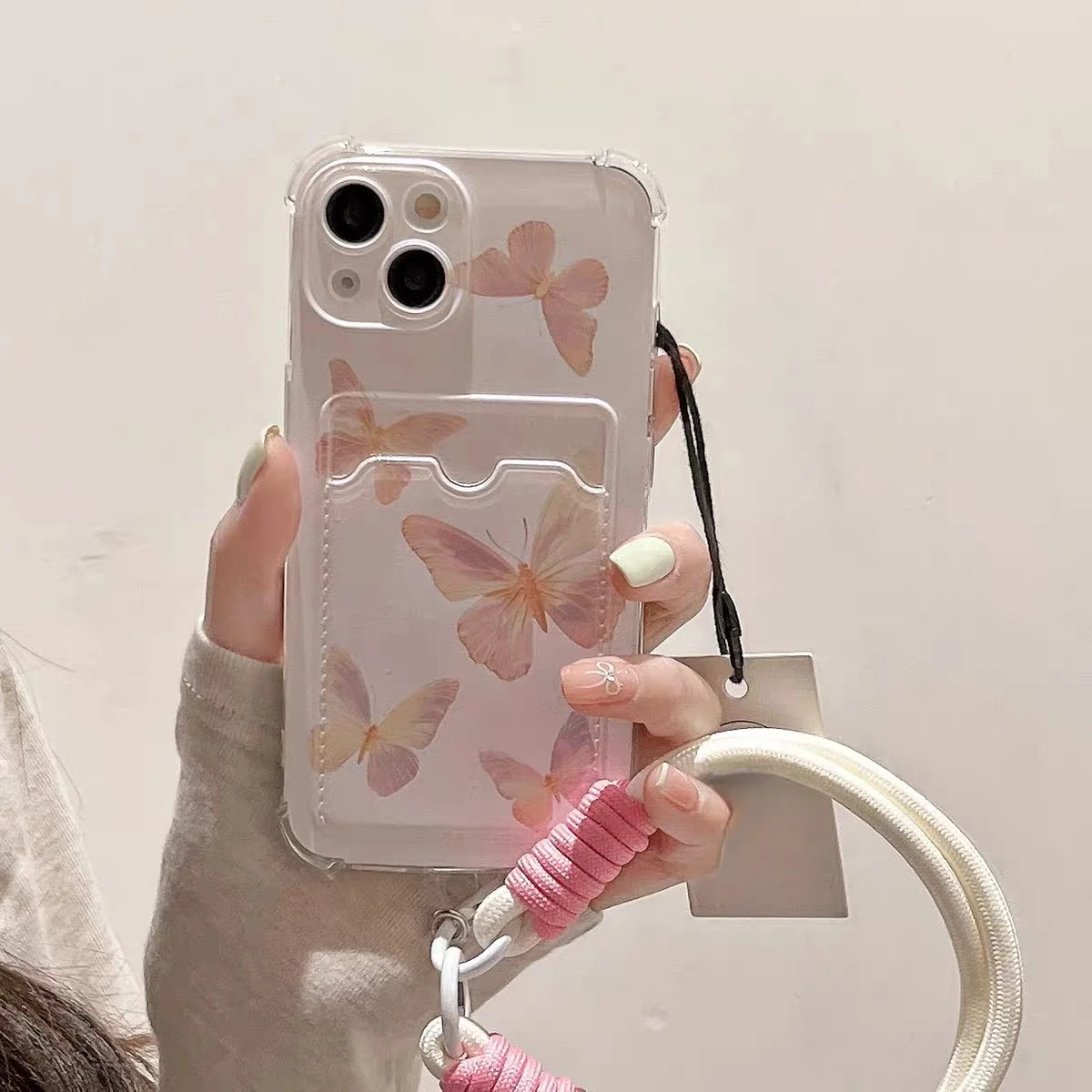 

Pink Blue Butterfly Card Bag Hand Strap Rope Phone Case For Iphone 17 Air 16E 13 14 15 16 17 Pro Max 11 12 13 Pro 16 Plus Cover