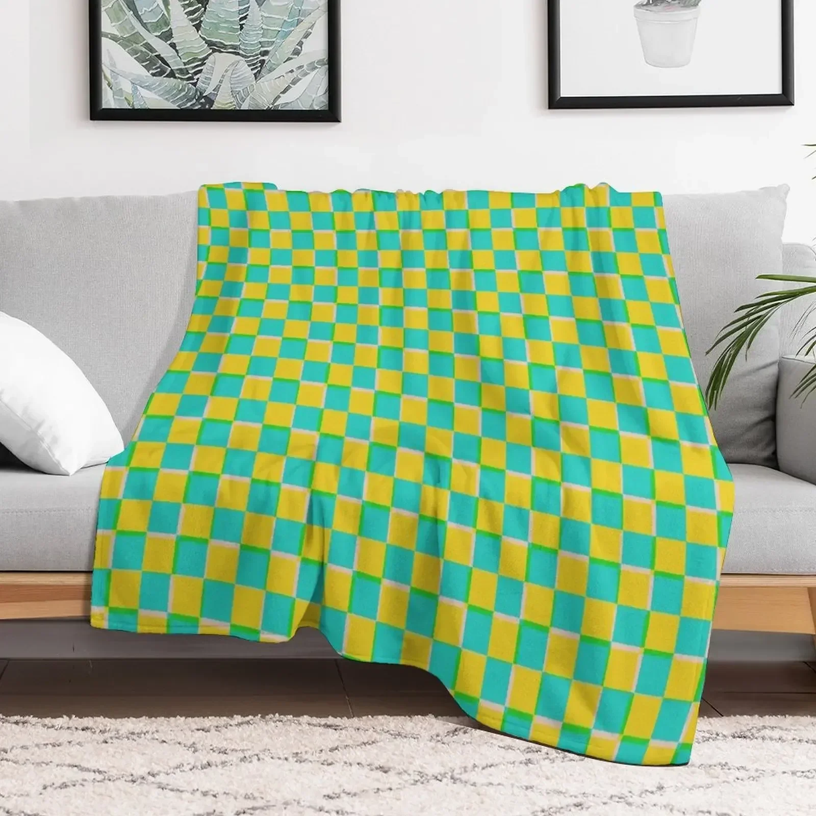 

Turquoise and Yellow Checkerboard Pattern Throw Blanket christmas decoration Thermal Blankets Summer Beddings Bed Furry Blankets