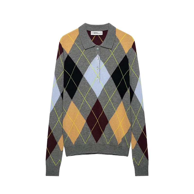 YENKYE Argyle Polopullover für Damen, Herbst, halbe Knopfleiste, lange Ärmel, lässiger Preppy-Pullover.