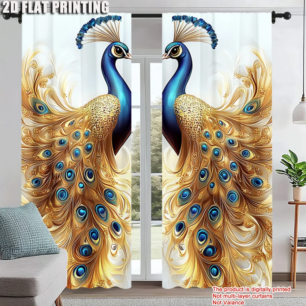 

2Pcs Golden Feather Peacock Printed Window Curtains Elegance To Your Home With Luxurious Design And Vibrant Colors Machine