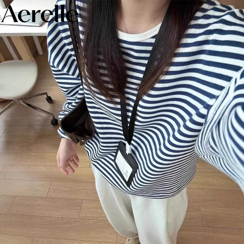 Women Early Autumn Korean Chic Blue White Stripe Crewneck Sweatshirt Loose Lazy Vibe Long Sleeve Top