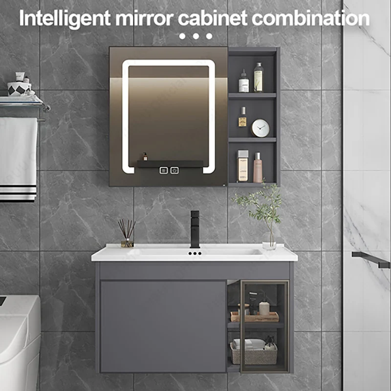 

Многофункциональный современный туалетный столик для ванной комнаты, модный зеркальный шкаф из основного алюминия, простой стиль с художественной керамической мебелью для раковины