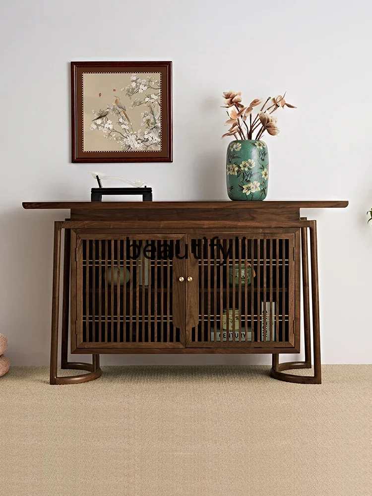 

New Chinese-style North American black walnut entrance cabinet light luxury solid wood living room partition cabinet