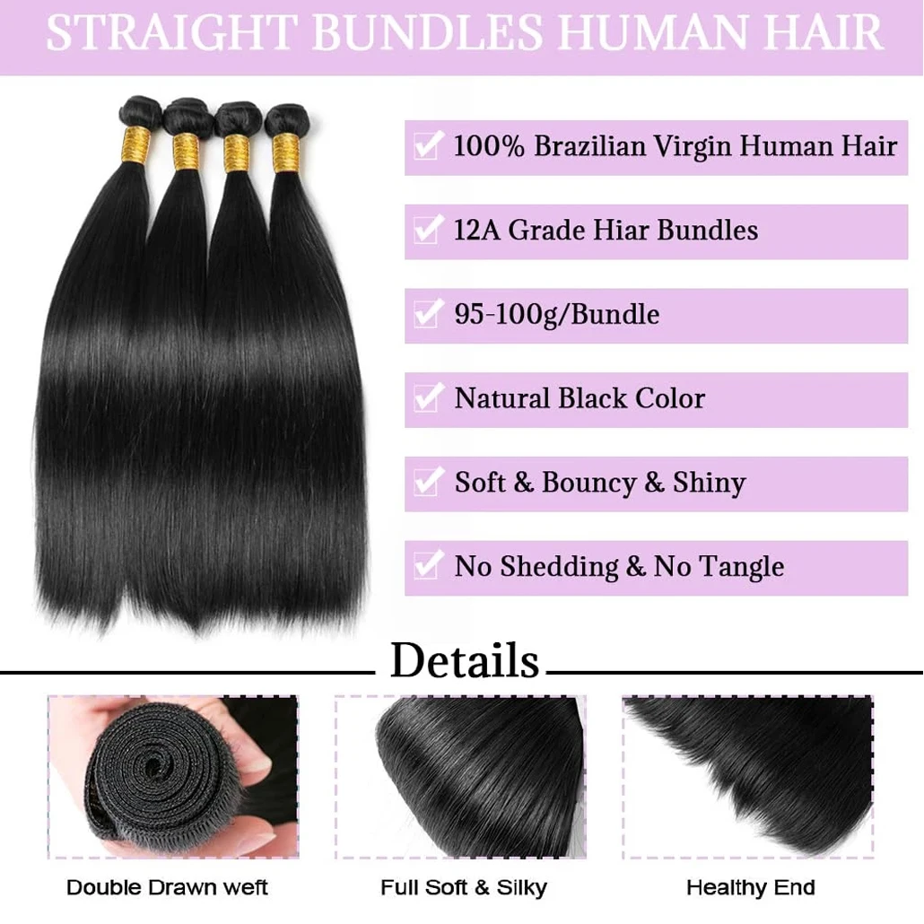 Pacotes brasileiros da extensão do cabelo humano para mulheres, osso reto, Weave Bundles, preto natural, 30 ", 40", 12A, 1, 3, 4