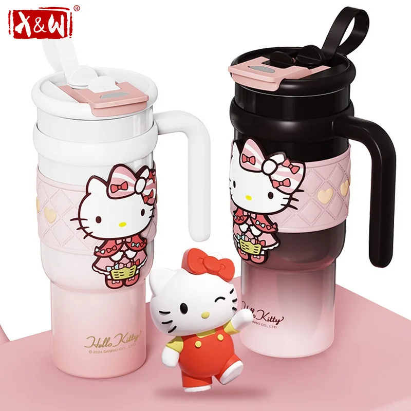 X&W Hello Kitty Insulated Cup 900ML Stainless Steel Thermos water bottle Straw Cup for Hot & Cold Drinks Travel Car Cup Gifts