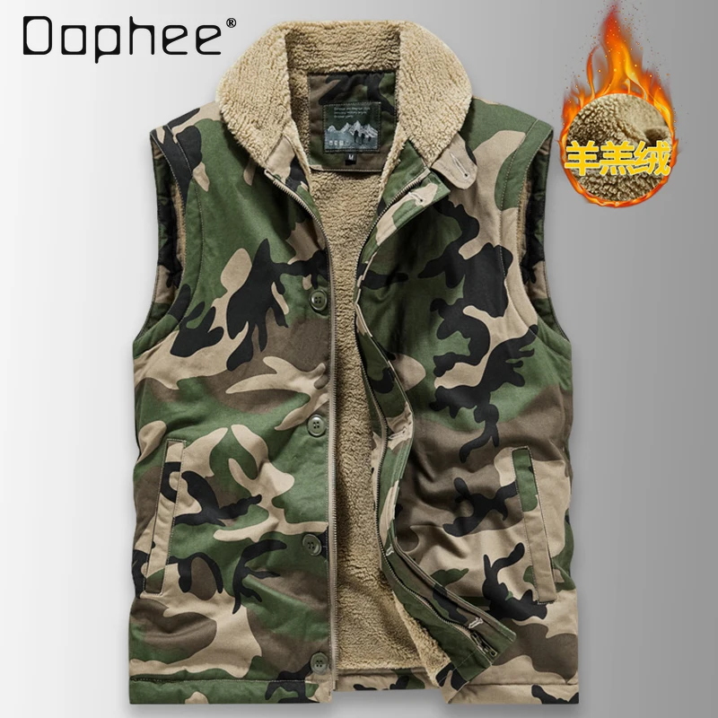 

2025 Autumn Winter New Men's Lamb Wool Army Green Casual Hooded Vest Thickened Khaki Dark Blue Camouflage Warm Vest