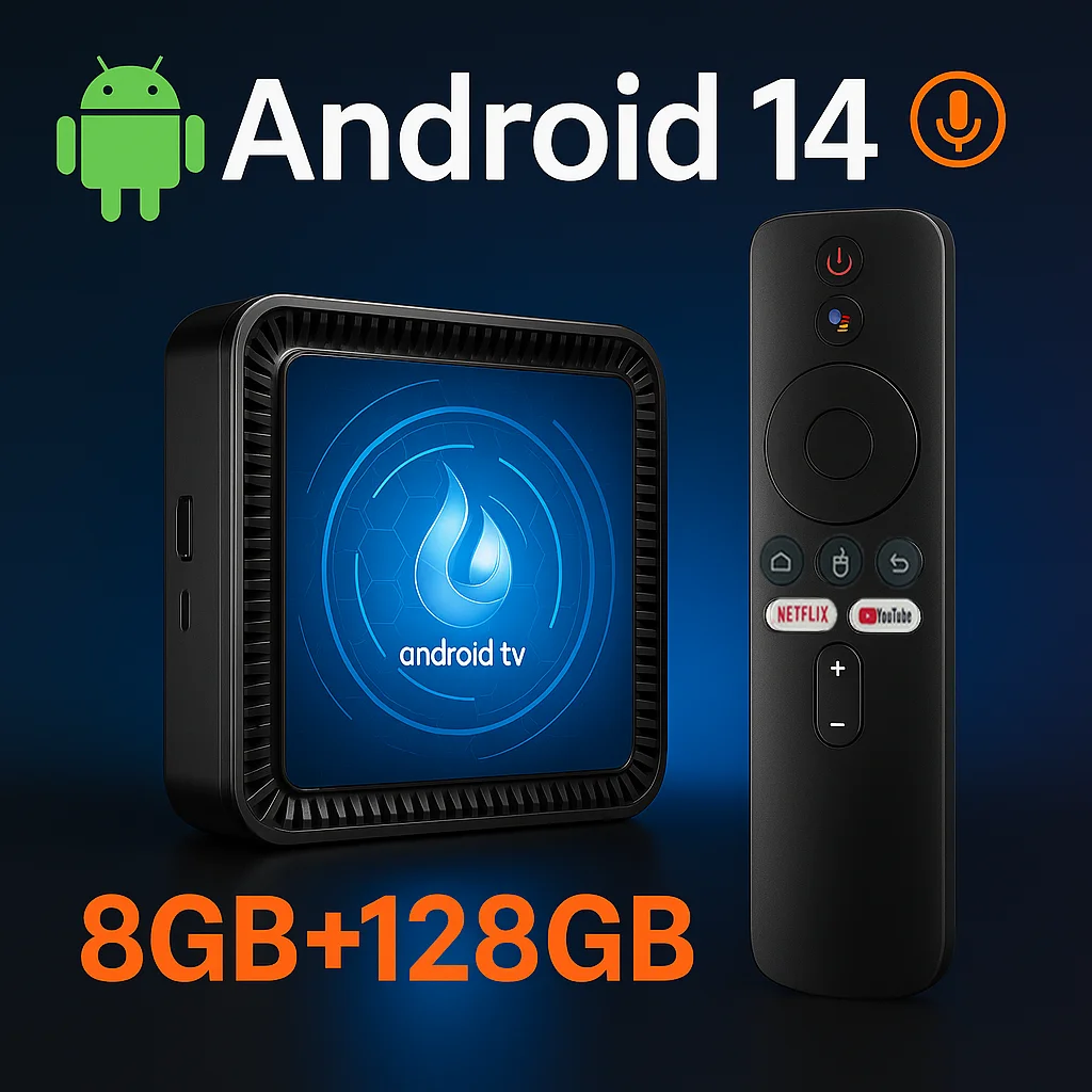 Android 14 TV Box 8GB 128GB Smart TV Box Google 8K 4K Android TV Stick Dual WiFi 2.4G 5G مع التحكم الصوتي YouTube Netflix