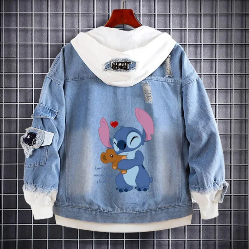 Miniso Disney Stitch Retro Denim Jackets Cartoon Printed Cute Sweatshirts Kids Streetwear Hooded Coats Harajuku Jackets For Men