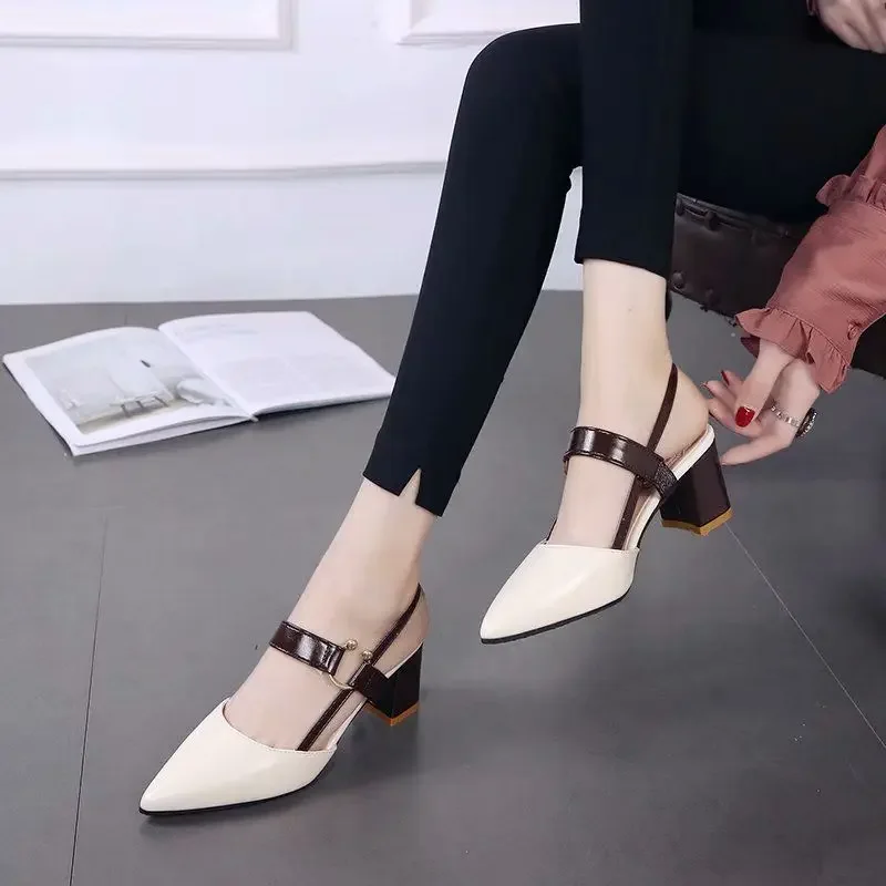 Zapatos de mujer tendencia 2024, zapatos de cuero genuino, tacones de bloque de tacón medio, sandalias gruesas de diseñador de lujo con espejo,