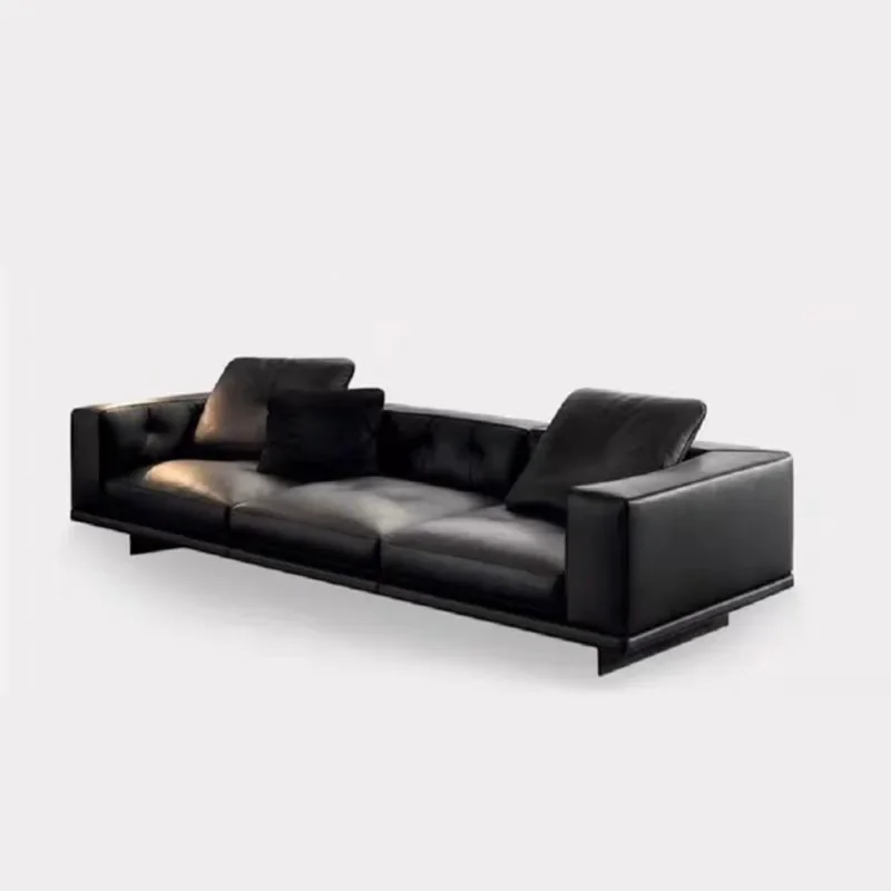 

Sofa Italian light luxury large flat floor living room straight row leather art sofa black leather