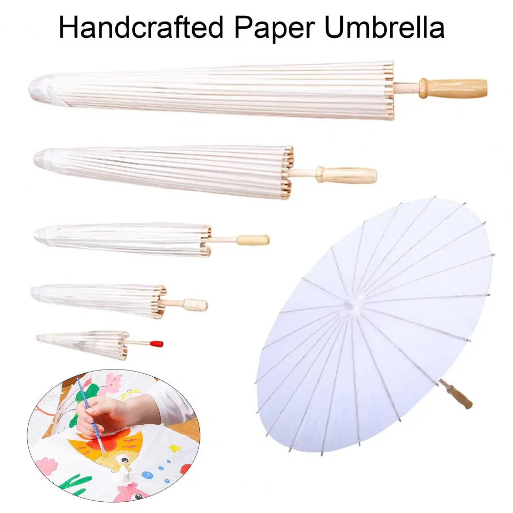 DIY White Paper Umbrella Chinese Style Crafts Decorative Oil-paper Painting Umbrella Wooden Handle Oriental 2Pcs