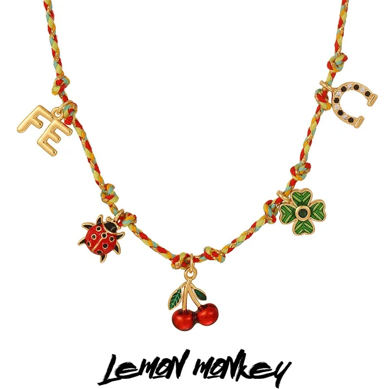 

Multi-element pendant necklace, cherry heart-shaped cross four-leaf clover, copper fruit watermelon, lady