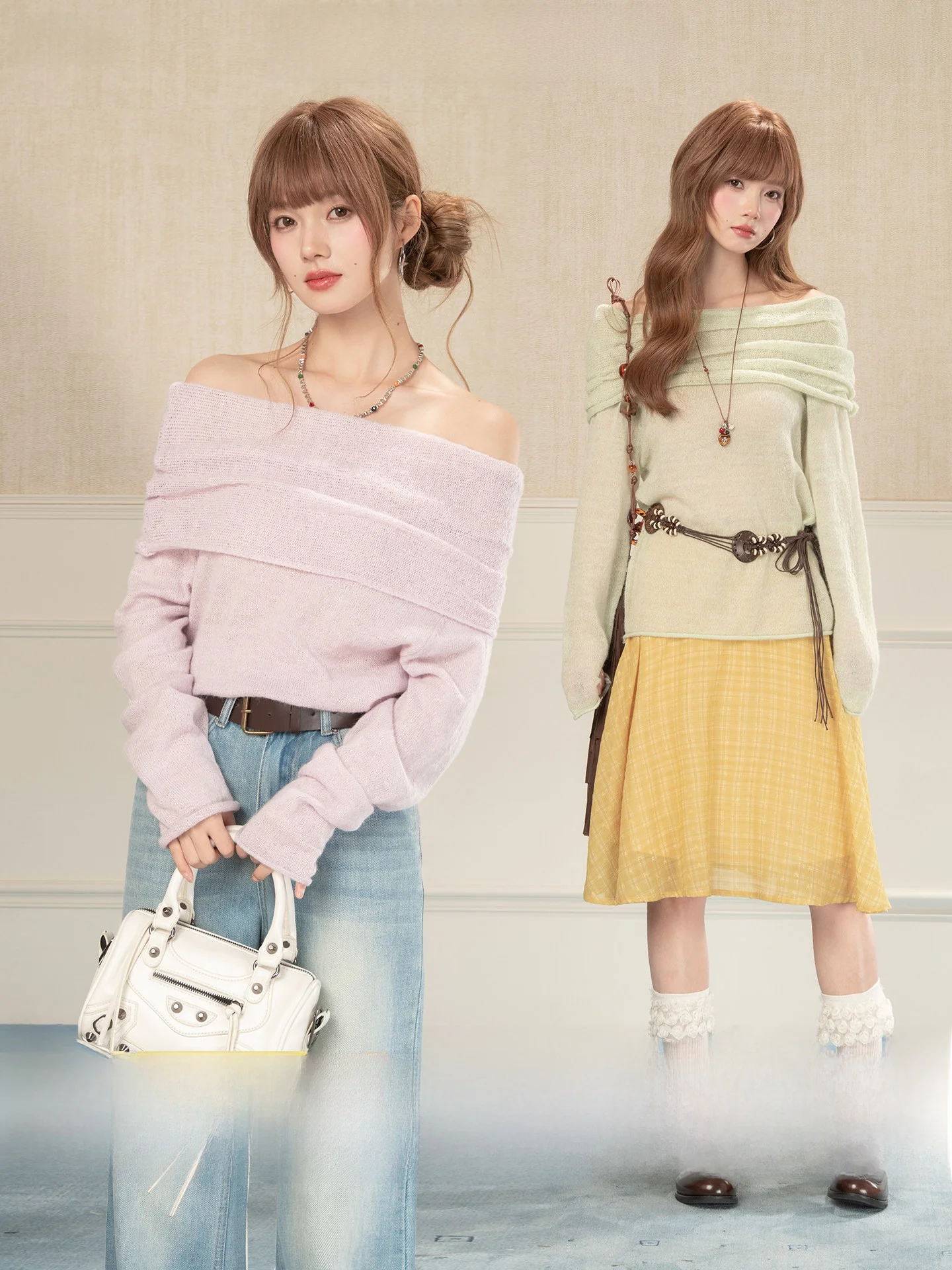 

Heynew Spicy Girl Shoulder Bared Knitted Sweater Women's Spring New Gentle Sweet Anti Aging Atmosphere Top Casual Style Ultra...