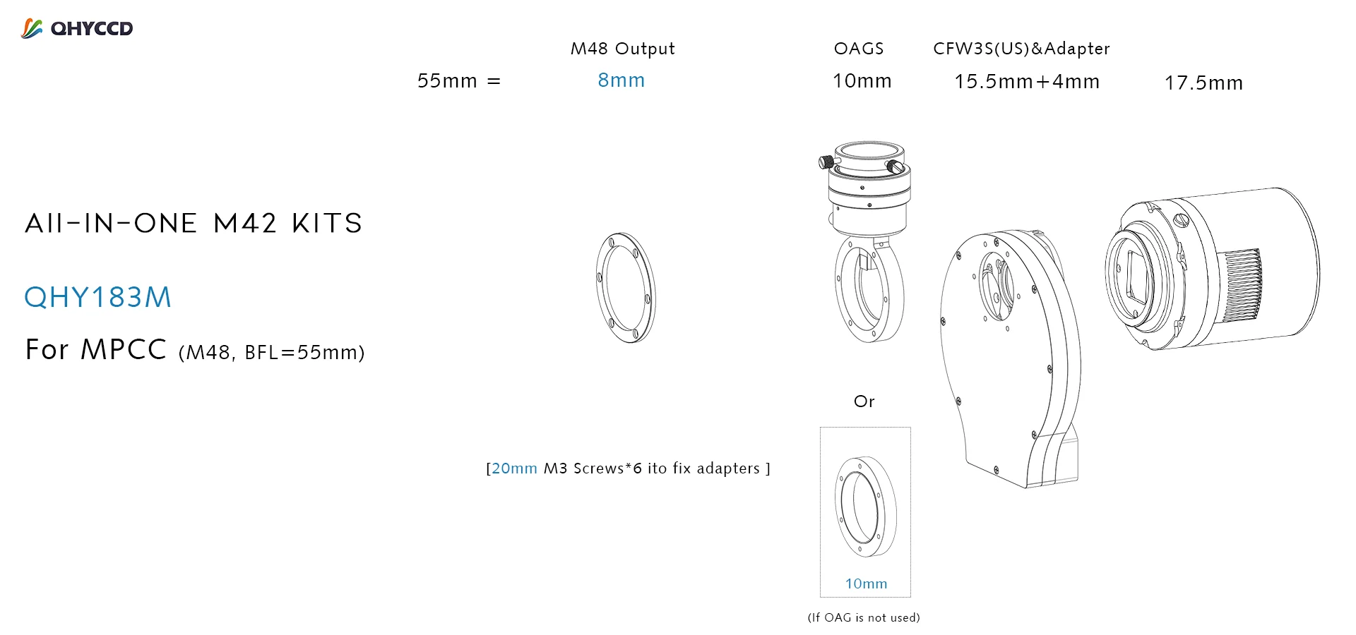 QHY adapter M42 all-in-one combination suitable for QHY183m small filter wheel QHYCCD