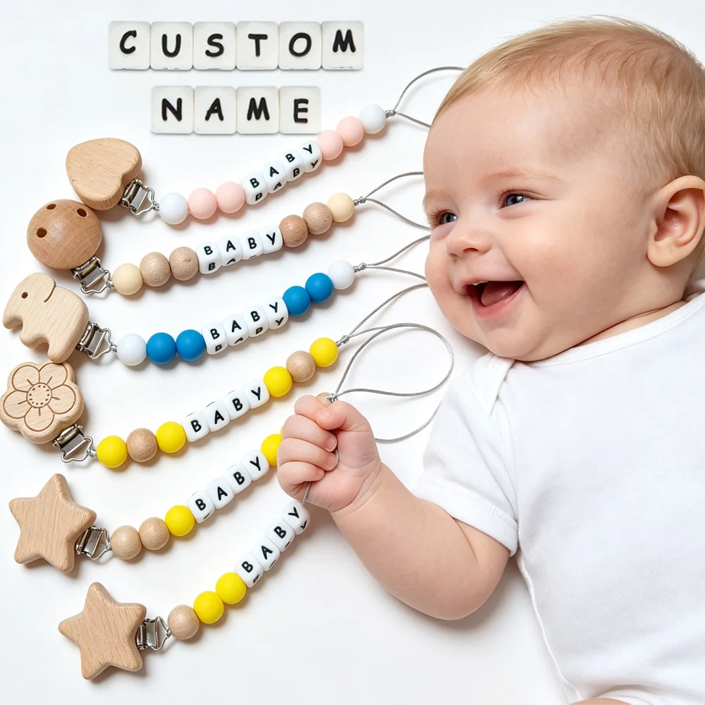 1PCS flower star customized baby name silicone bead clip Pacifier Chain Holder for Baby Teething Soother Chew Toy Dummy Clips