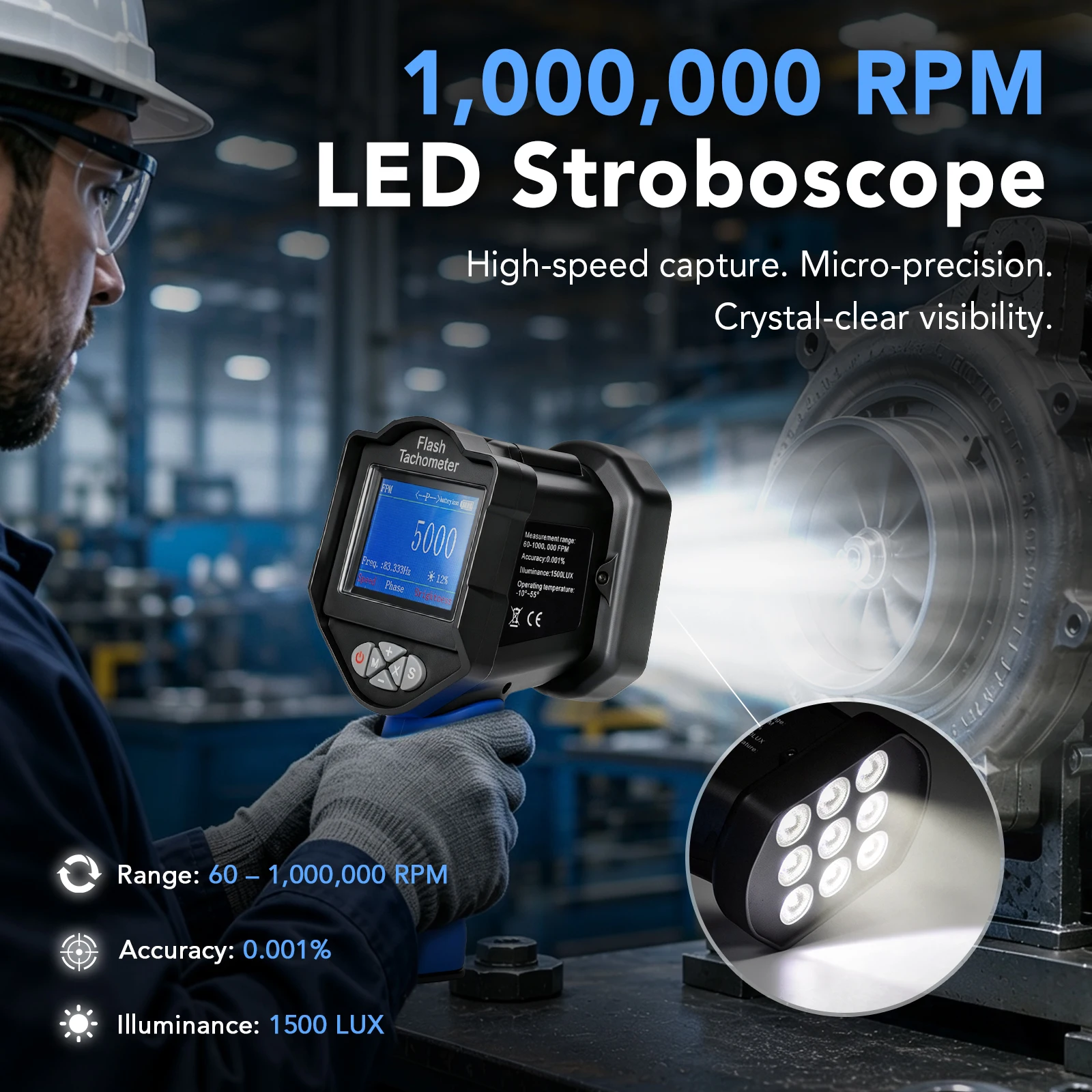 Digital Strobe Tachometer Non-Contact Speed Tester LED Stroboscope 60-1,000,000 RPM 0.001% Accuracy TFT Display Rechargeab
