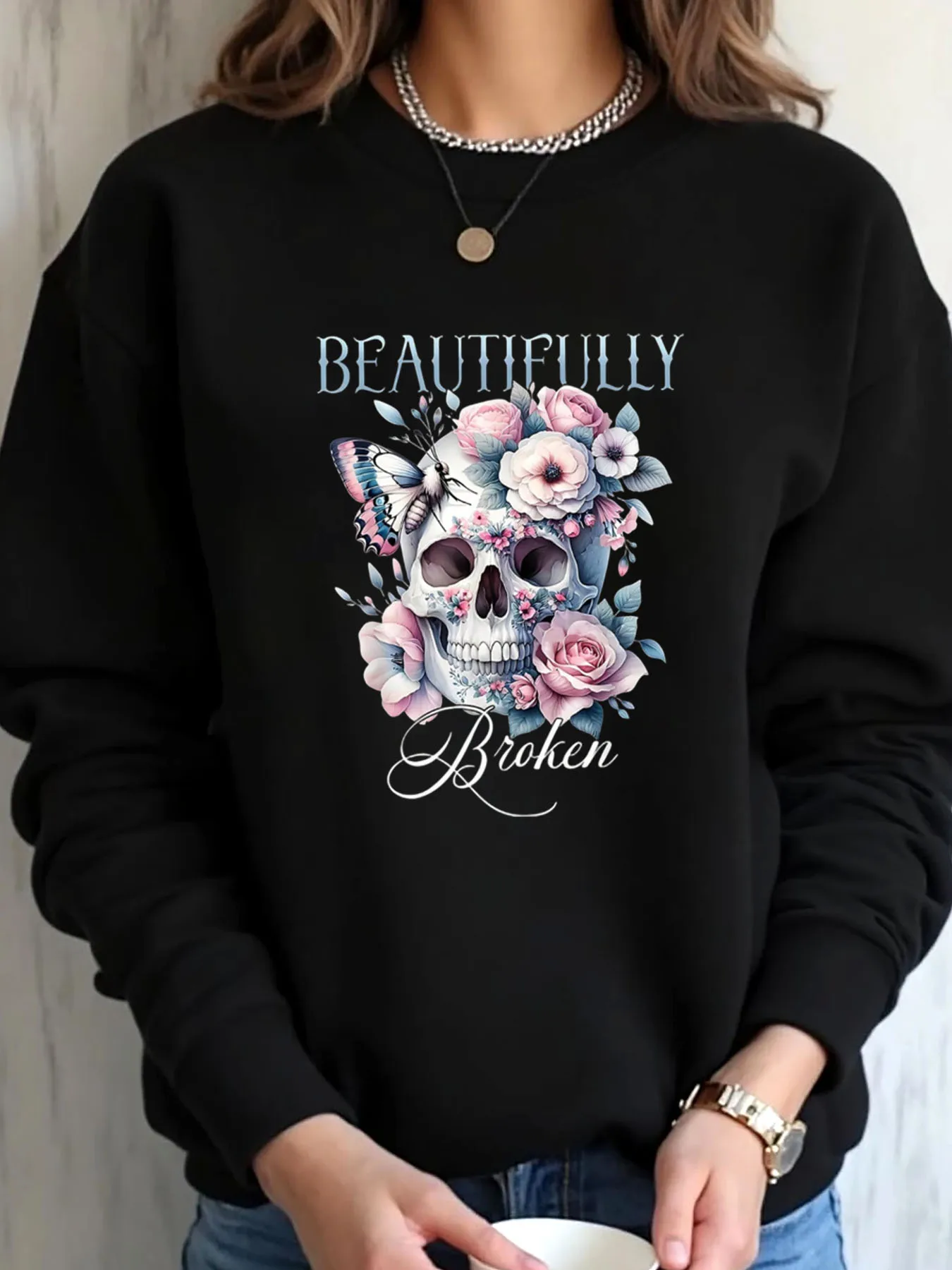 

Женская толстовка большого размера на Хэллоуин с черепом и цветами, красиво сломанный принт, верхняя одежда