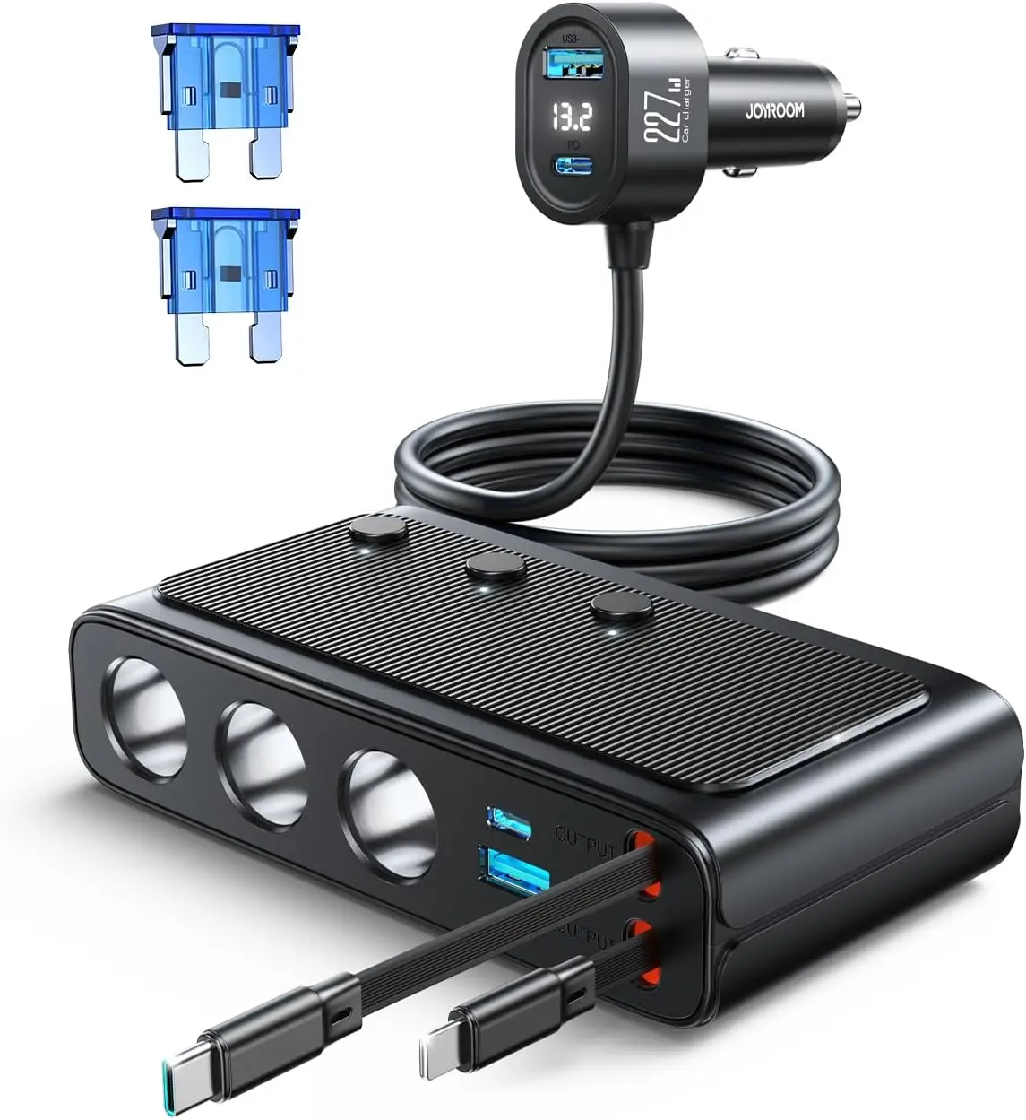 

9-in-1 Car Charger with 227W Power, 45W USB-C Fast Charging for iPhone/Samsung, Retractable Design and Independent Switches