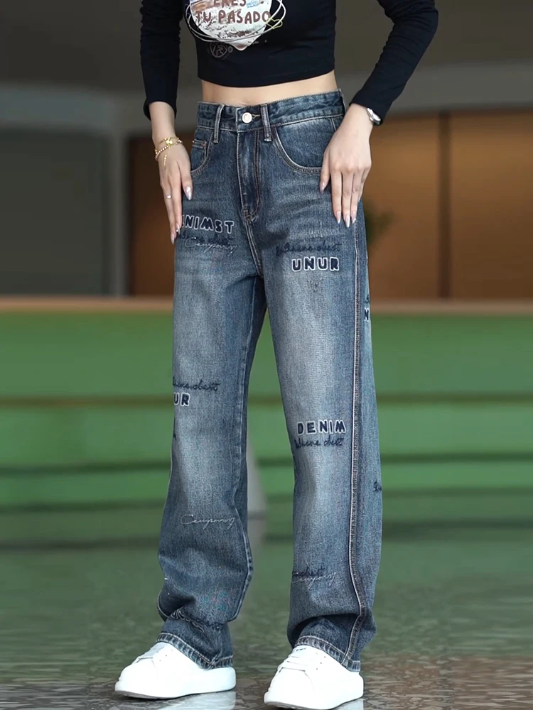 

Мужские джинсы в американском стиле с вышивкой и принтом, свободные, ретро, прямые, модные, повседневные, широкие брюки