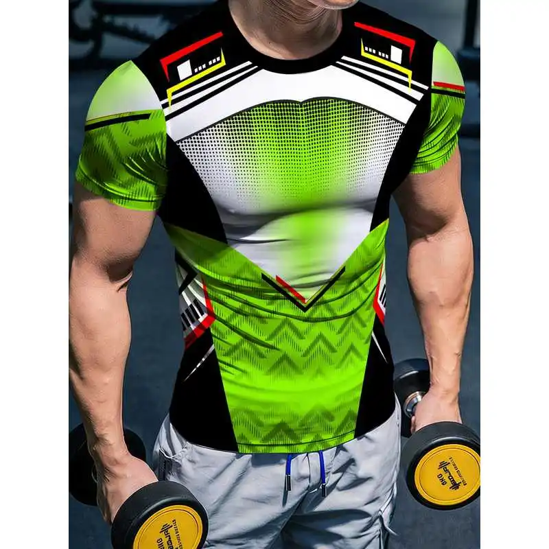 Men's High-Stretch Quick-Dry Fluorescent Green Fitness Shirt Tech Line Sport Short Sleeve Body-Hugging Slim Fit Muscle Definitio