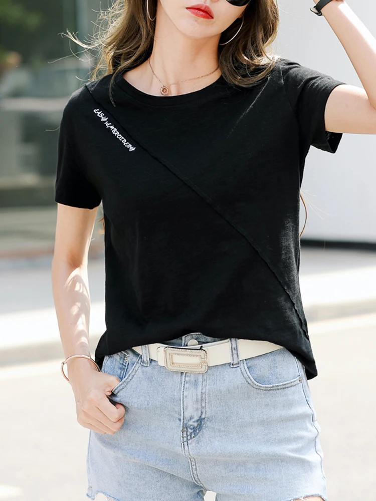 2026 Sommer T-Shirt Damen 100% Baumwolle Kurzarm-Shirts Tops O-Ausschnitt Shirt Tees Locker Sitzende Patchwork-Tops Lässig Hochwertig – Detail 9