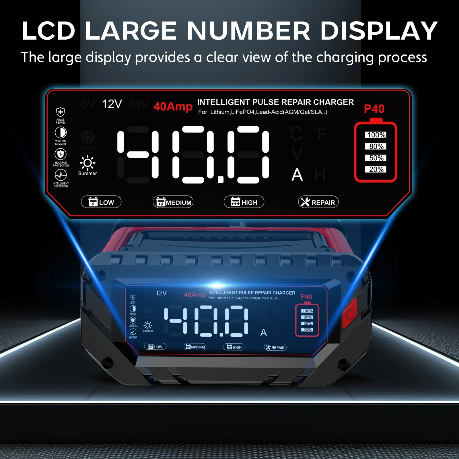 HTRC 40A شاحن بطارية السيارة 6 فولت/12 فولت/24 فولت LiFePO4 شاحن سيارة لليثيوم AGM هلام شاحن بطارية الرصاص الحمضية لسيارة دراجة نارية