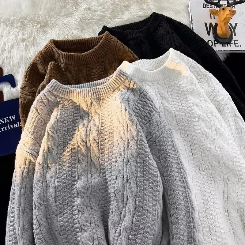 

Trendy Knitted Sweater For Men Loose Fit Vintage Casual Round Neck Pullover Autumn Winter Seasonal Fashion Base Layer Shirt