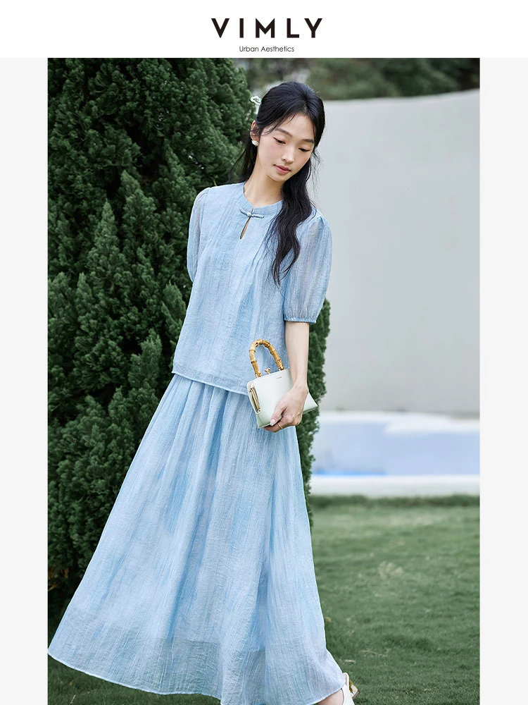 

VIMLY Summer Outfit Women's 2025 Chinese Style O-neck Top A-line Elastic Waist Skirt Ladies Blue Folds Suit Woman Clothing A1195