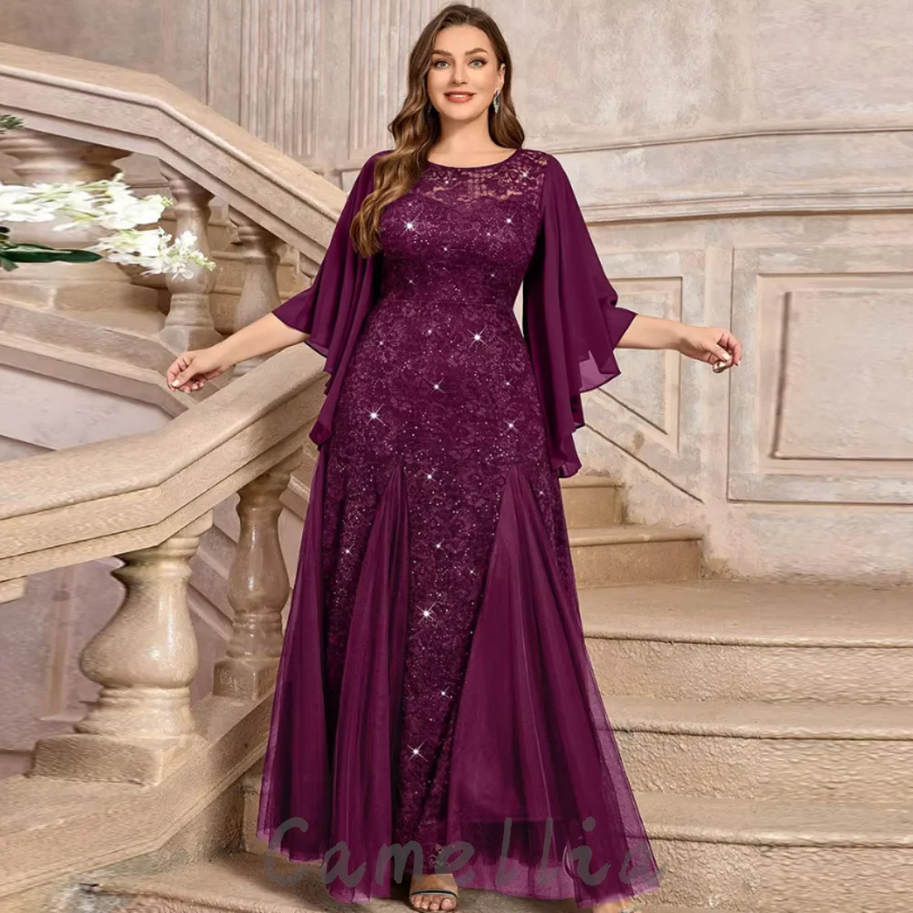 Mother of the Wedding Dress for Women Customized Shiny Flare Sleeve Formal Dress Lace Sequined Party Gown vestido invitada boda